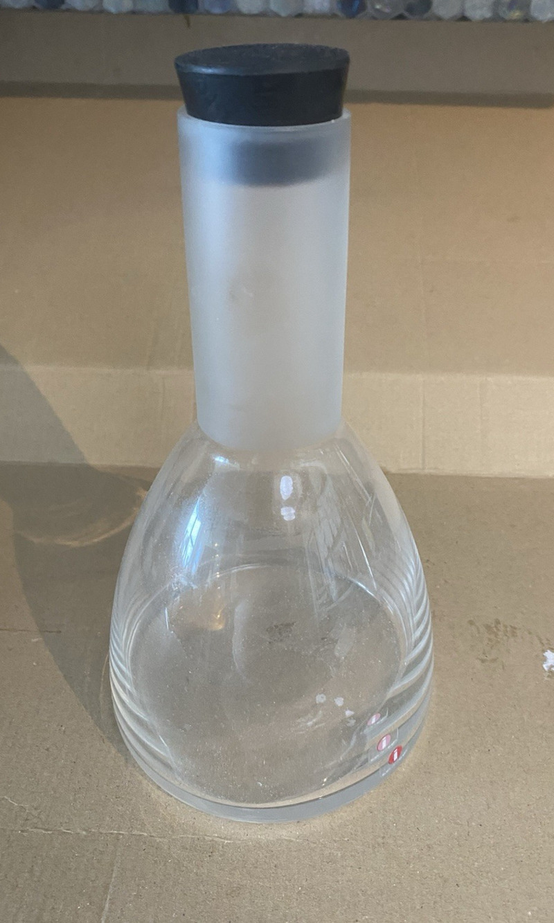 Marius Finnish Frosted Glass Longneck Decanter with Black Rubber Stopper 9" tall